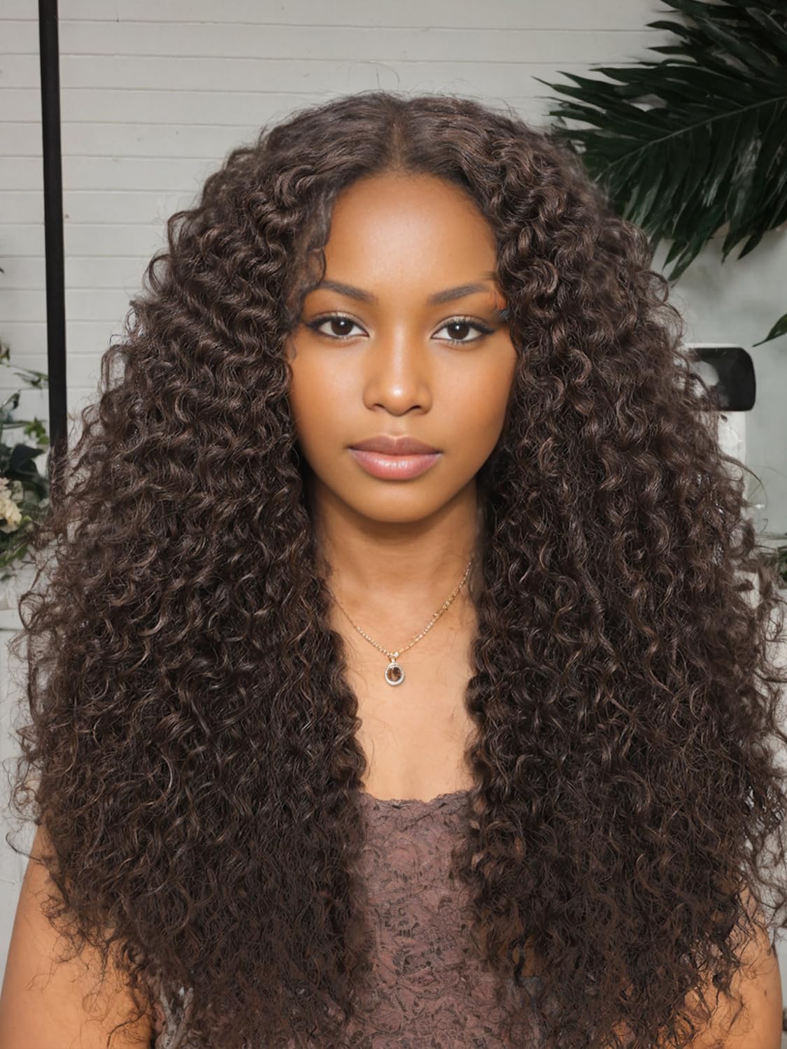 Deep Wave Curly Synthetic Wig Chocolate Brown Synthetic Lace Front Wig 24 Inch Wear and Go Glueless Curly Hair with Human Hair Feeling Synthetic Fiber Dark Brown Closure Wigs