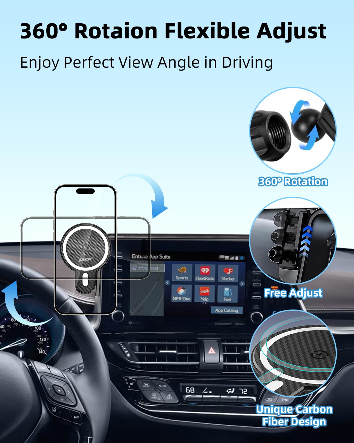 Supporto per telefono da auto per Toyota C-HR CHR 2019 2020 2021 2022 Accessori Schermo da 8 pollici Rotazione a 360 ° Culla per smartphone Supporto magnetico 15W Caricabatterie wireless veloce