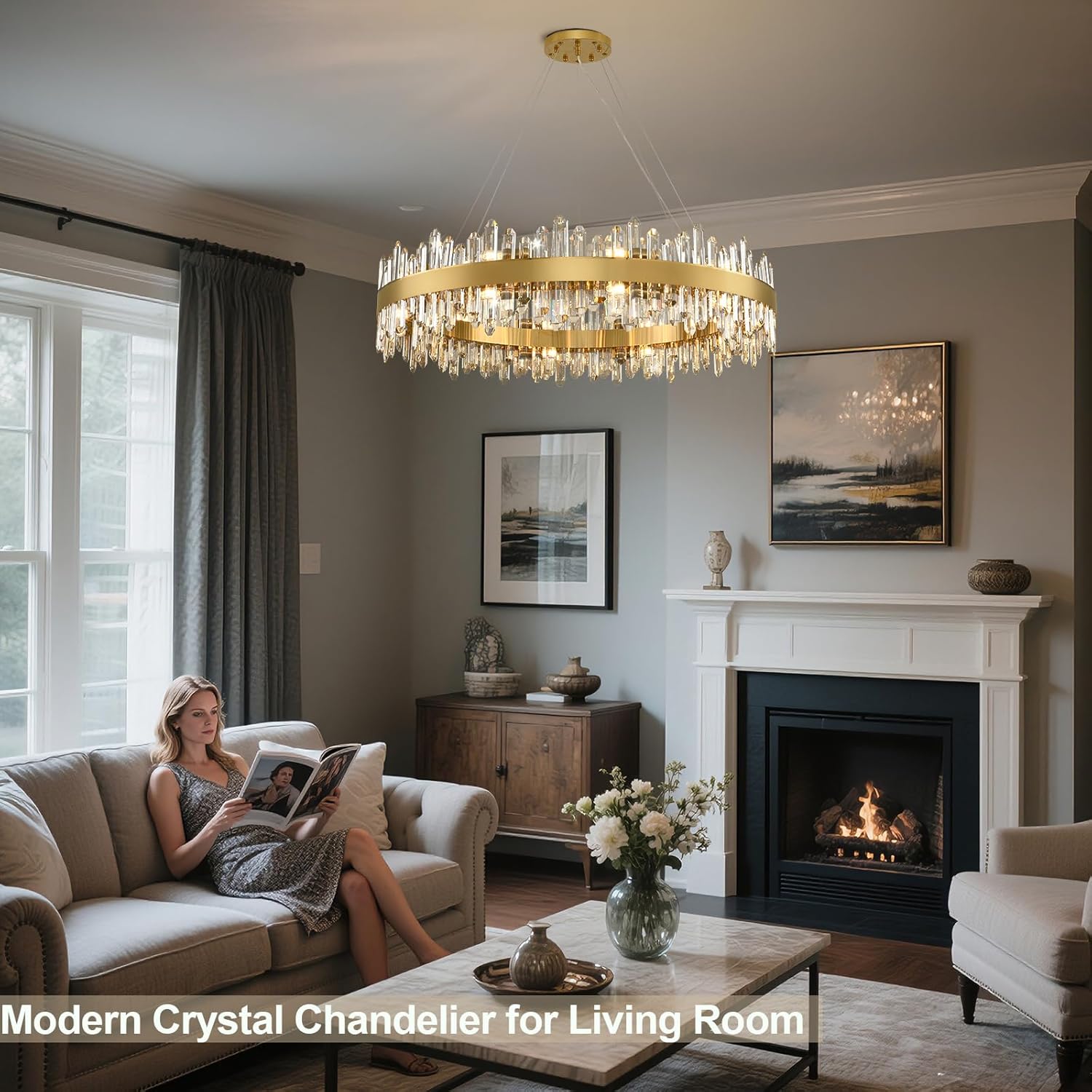 Modern Crystal Chandelier, 40" Round Gold Chandeliers for Living Room, 20-Lights 2 Tiers Luxury K9 Crystal Dining Room Chandelier Over Table, Adjustable Chandeliers for Foyer Entryway