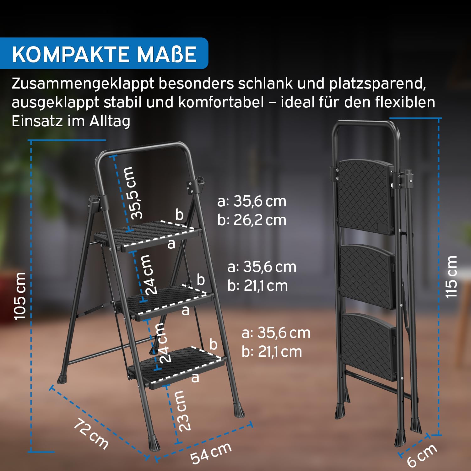 kör4u Trittleiter 3 Stufen - 150 kg belastbar - Standhöhe ca. 75 cm, klappbar, rutschfeste Stufen, Stahlrahmen, Haushaltsleiter, schwarz