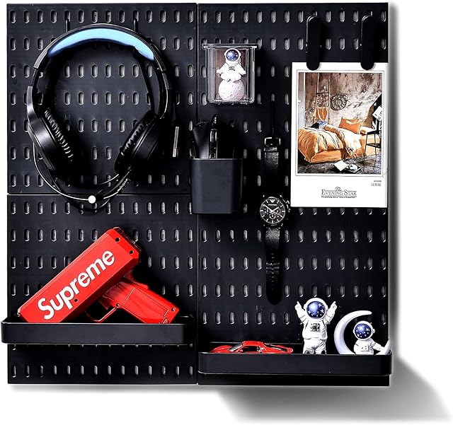 L'essentiel Home and Office Wall Organiser Black Pegboard 56*56cm Complete Set (4 Tiles of 28*28cm) and Black Pegboard Accessories(Black set)