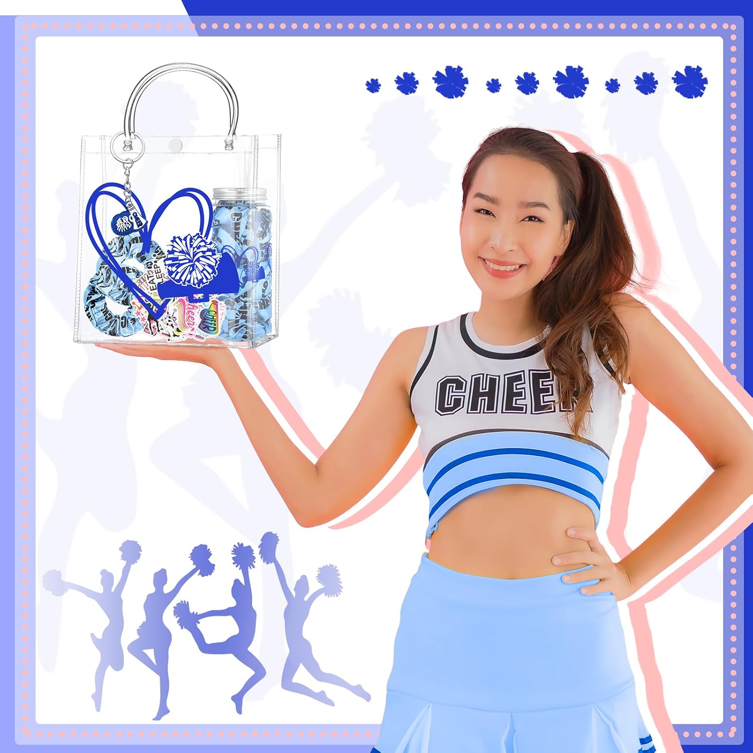 LemonRoad 12 Set Cheer Gifts Bulk for Team Cheering Clear Tote Bags Bracelets Bottles Cheer Keychain Hair Scrunchies Stickers Cheerleading Party Favors for Woman Team Birthday Cheerleader Gifts(Blue)