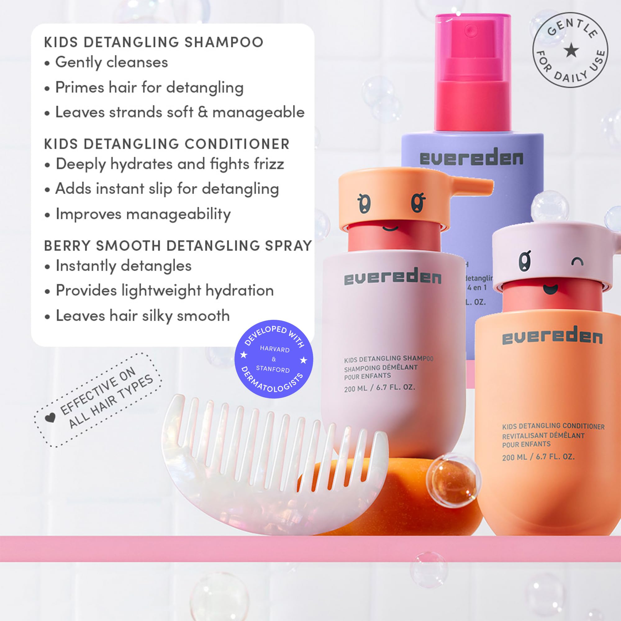 Evereden KIDS KOMPLETT HAIRCARE SET: Haarentwirrungs-Shampoo, Conditioner & Spray für Kinder ab 3 Jahren & schmerzfreie Haarbürste, Pflanzenprotein-Peptide & Arganöl, vegan, frei von Sulfat und