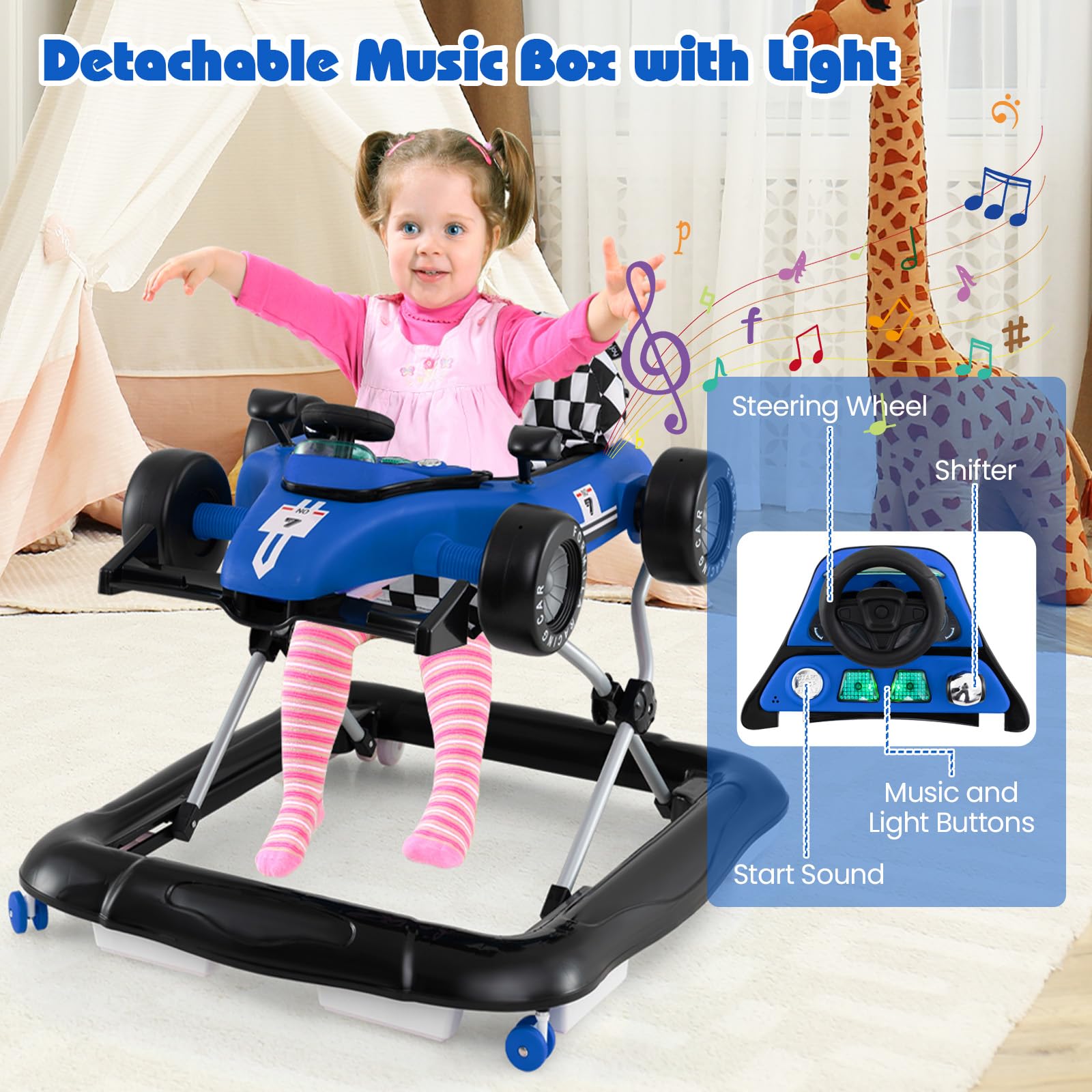 LIFEZEAL 4 in 1 Girello per Bambini, Neonati 6-18 Mesi, Altezza Regolabile, Antiurto, Trasformabile, Pieghevole, con Musica, Primi Passi, Baby Walker, Carrellino, Imparare a Camminare, Max12kg, Blu
