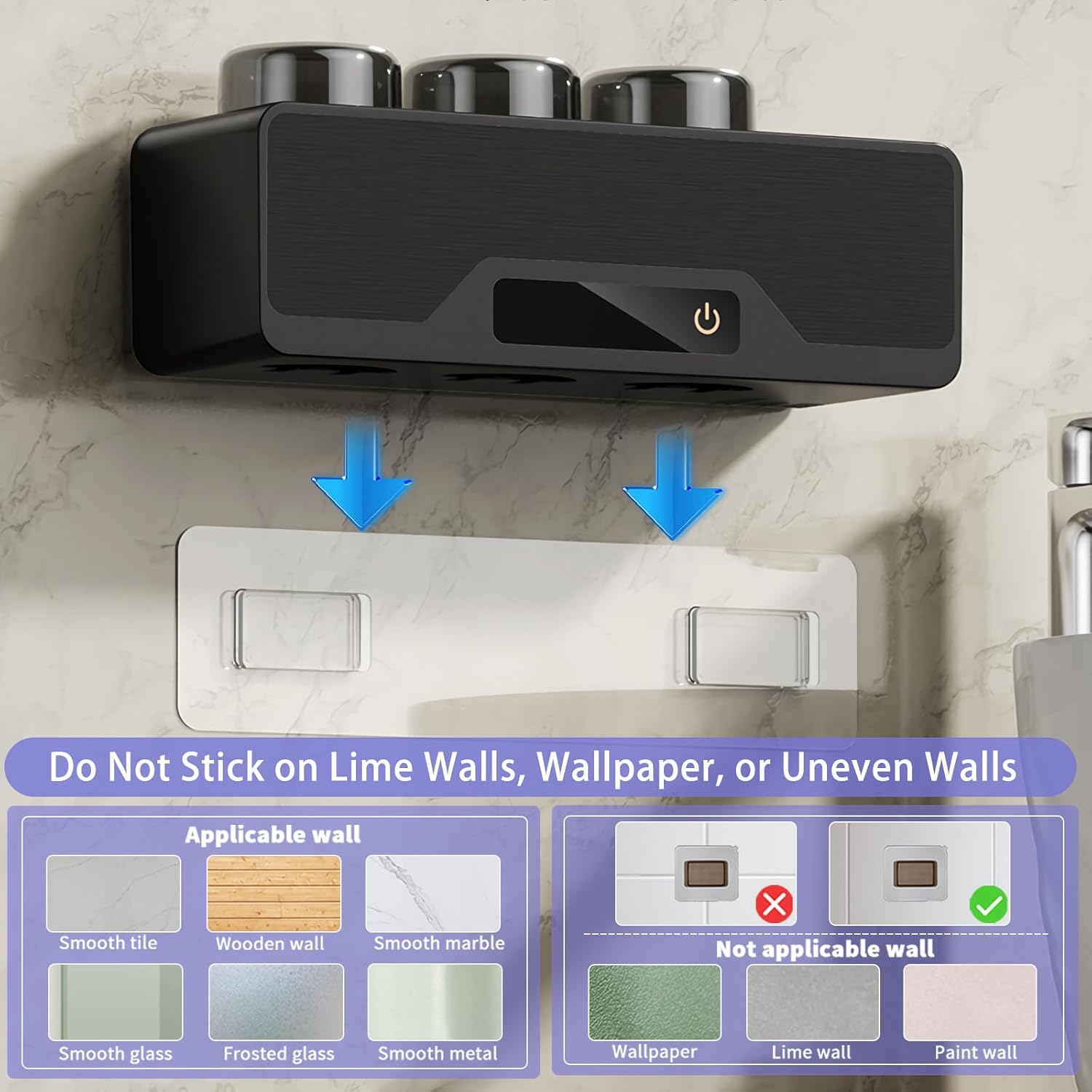 Toothbrush Holders for Bathrooms,Rechargeable Cordless Wall Mounted Tooth Brushing Holder,3 Cup Electric Toothbrush Holder,Bathroom Fashion Decorations (Black) - Image 6