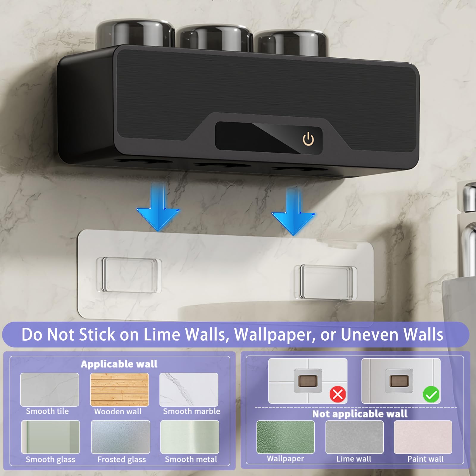 Soporte para cepillos de dientes para baños, recargable, inalámbrico, montado en la pared, soporte para cepillo de dientes eléctrico de 3 tazas, decoraciones de moda de baño (negro)