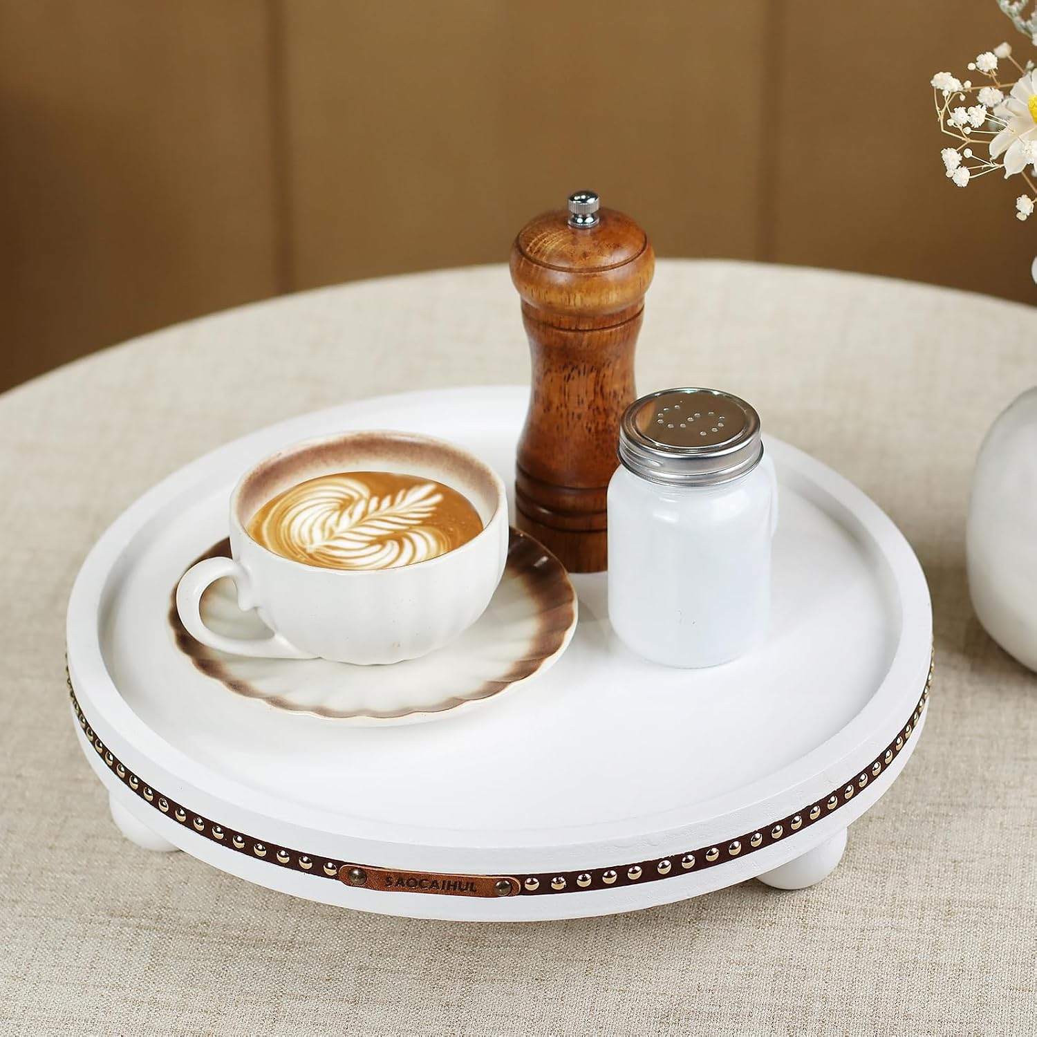 Round Wooden Decorative Tray Coffee Table Tray Home Decor 11.8" White image 4