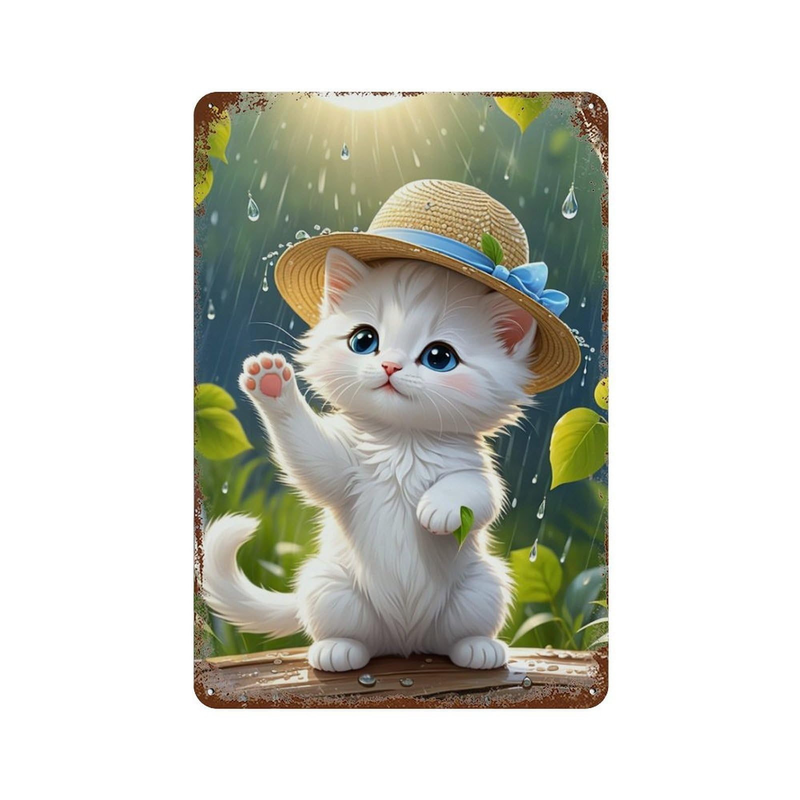 Rainy Day Kitten Adventure Rust Effect Tin Sign 11.8"x7.9", Vintage Wall Decor for Pub, Kitchen And Man Cave Decor