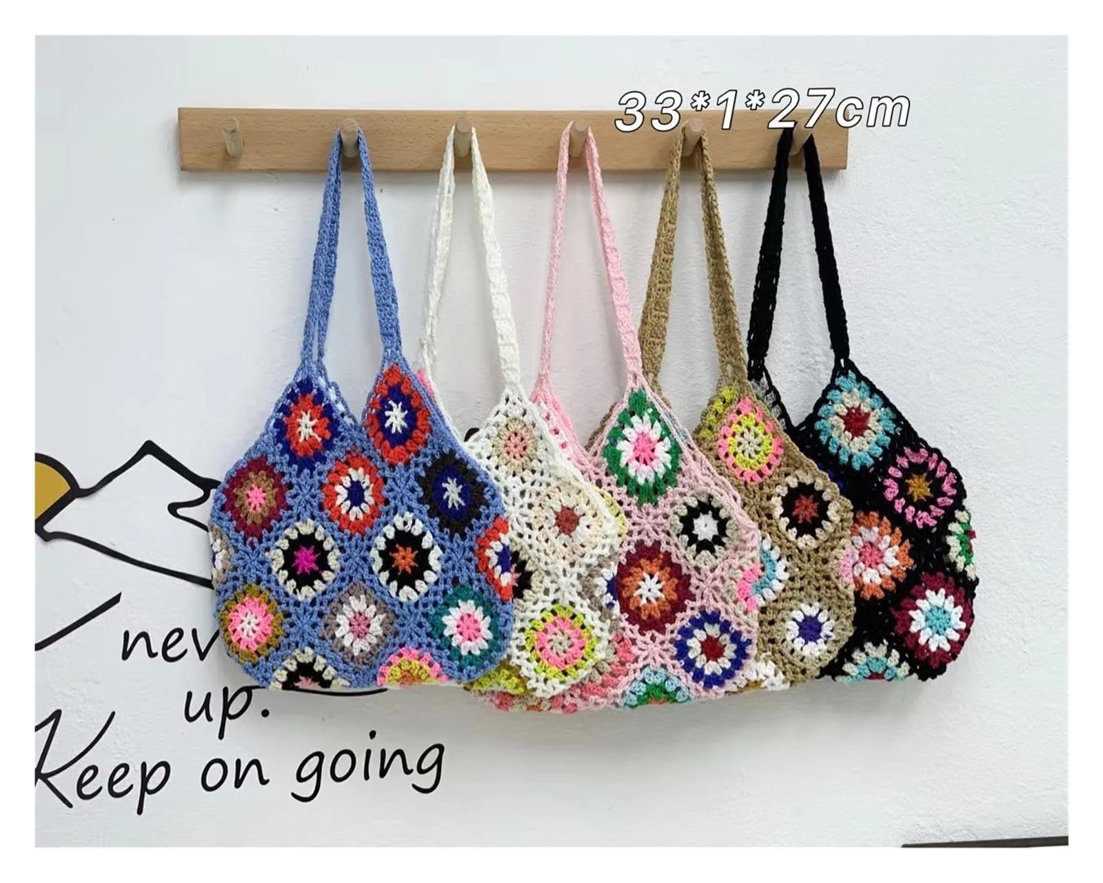 Bolso con Flores de Punto Bolso de mano for mujer con flores ganchillo peso pesado, estilo étnico, color rosa, tejido a