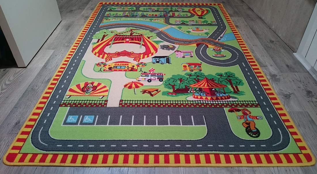 Zirkus Kinderteppich - 130 x 200 cm | Straßenspielmatte mit Zirkus | Zirkuswelt Kinderzimmermatte | rutschfest, Saum | CE-Normen