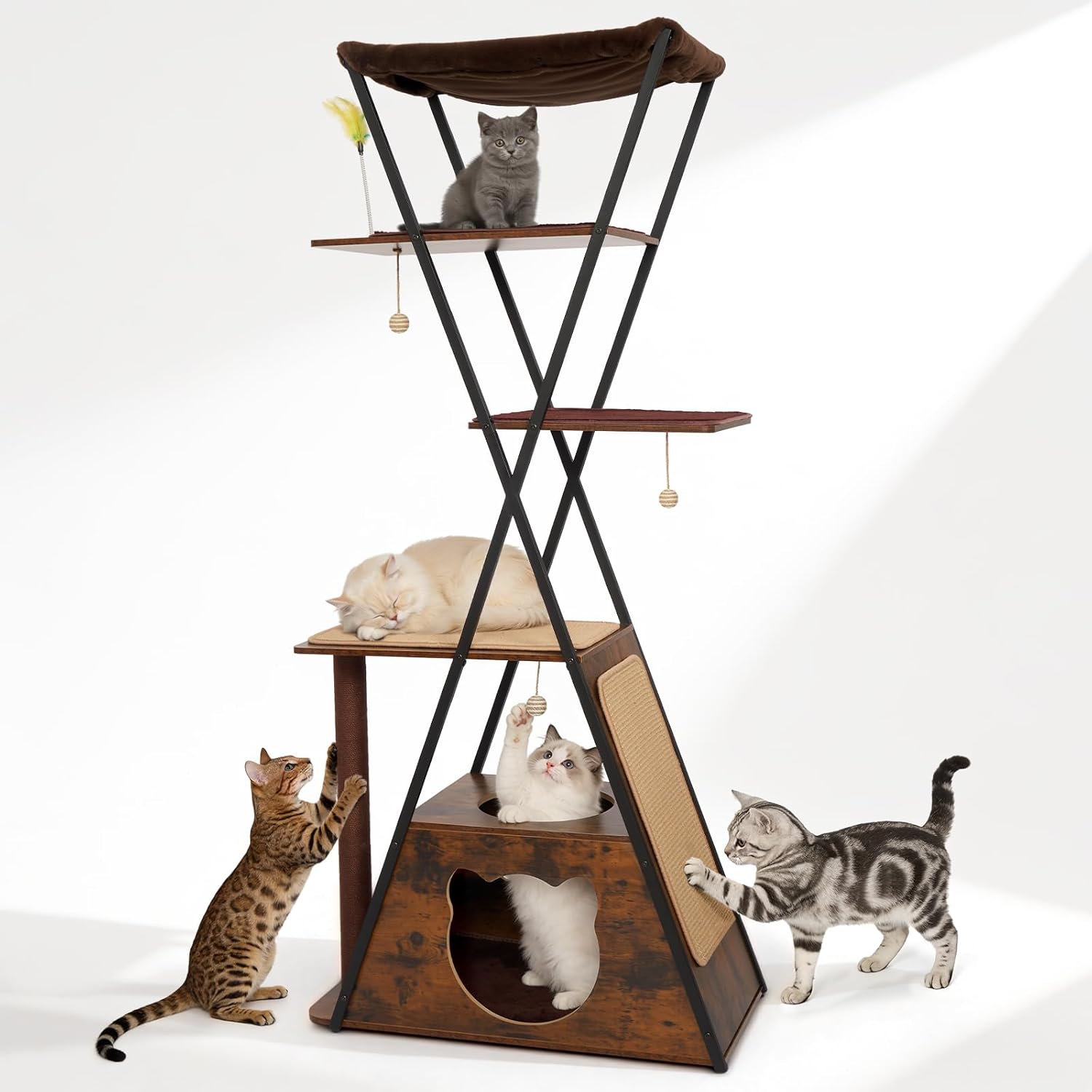 Modern Wood Cat Tree for Indoor Cats, Multi-Level Boho Cat Tree with Natural Sisal Scratching Post, Cat Tree Tower for Large Cats, Hand-Made Cat Condo & Cozy Top Perch, Hanging Toy Ball