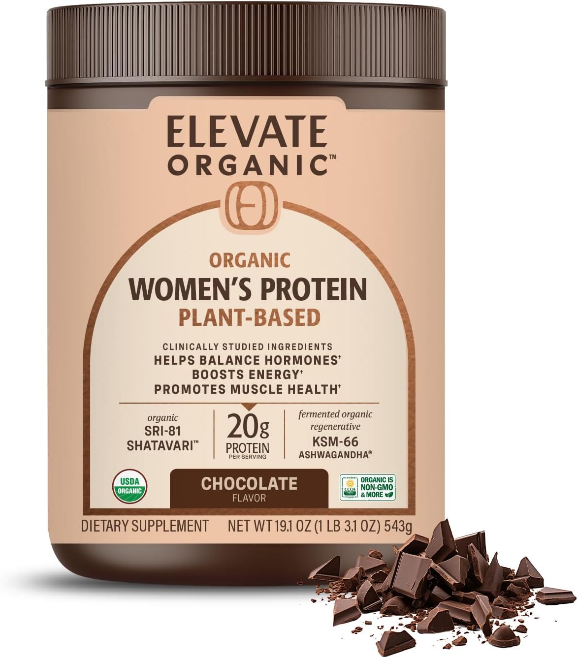 Women’s Plant Protein Powder, Chocolate, Pea Protein with KSM-66 Ashwagandha®, Organic SRI-81™ Shatavari & Acti Veda™ (20g Protein)