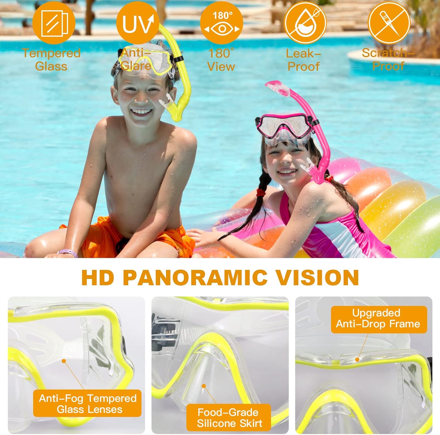 Kids Snorkeling Set - Adjustable Flippers + Panoramic Snorkel Mask + Dry Snorkel Tube + Travel Bags - Suitable for Kids & Juniors, Age 5-14