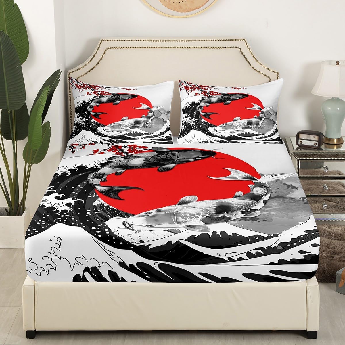 Mount Fuji Sheet Sets Japanese Style Koi Fish Bed Sheet Ukiyo-E Theme Fitted Sheet Mountain Cherry Blossom Red Sun Ink Painting Top Sheet 3 Pieces with 1 Pillow Case, Twin Size Black White
