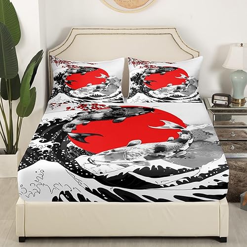 Miniatura 4 de Juego de sábanas estilo japonés Mount Fuji con diseño de peces koi, tema Ukiyo-E, sábana ajustable con pintura de tinta roja de cerezo de montaña y