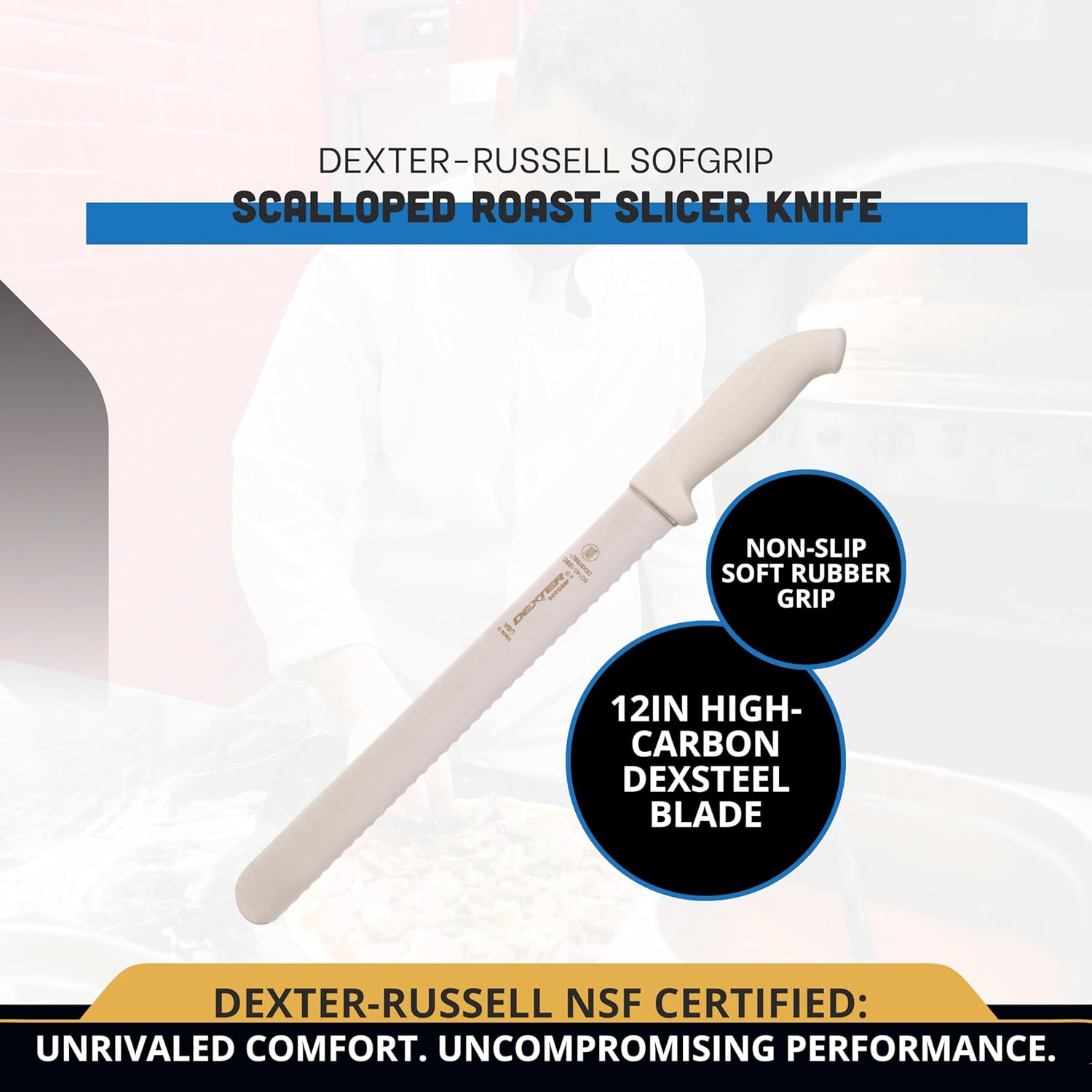 Dexter-Russell SofGrip 12" Scalloped Roast Slicer Knife | 24243 | High-Carbon DEXSTEEL Blade | Non-Slip Soft Rubber Grip Handle | NSF Certified, Stain-Free, Made in USA