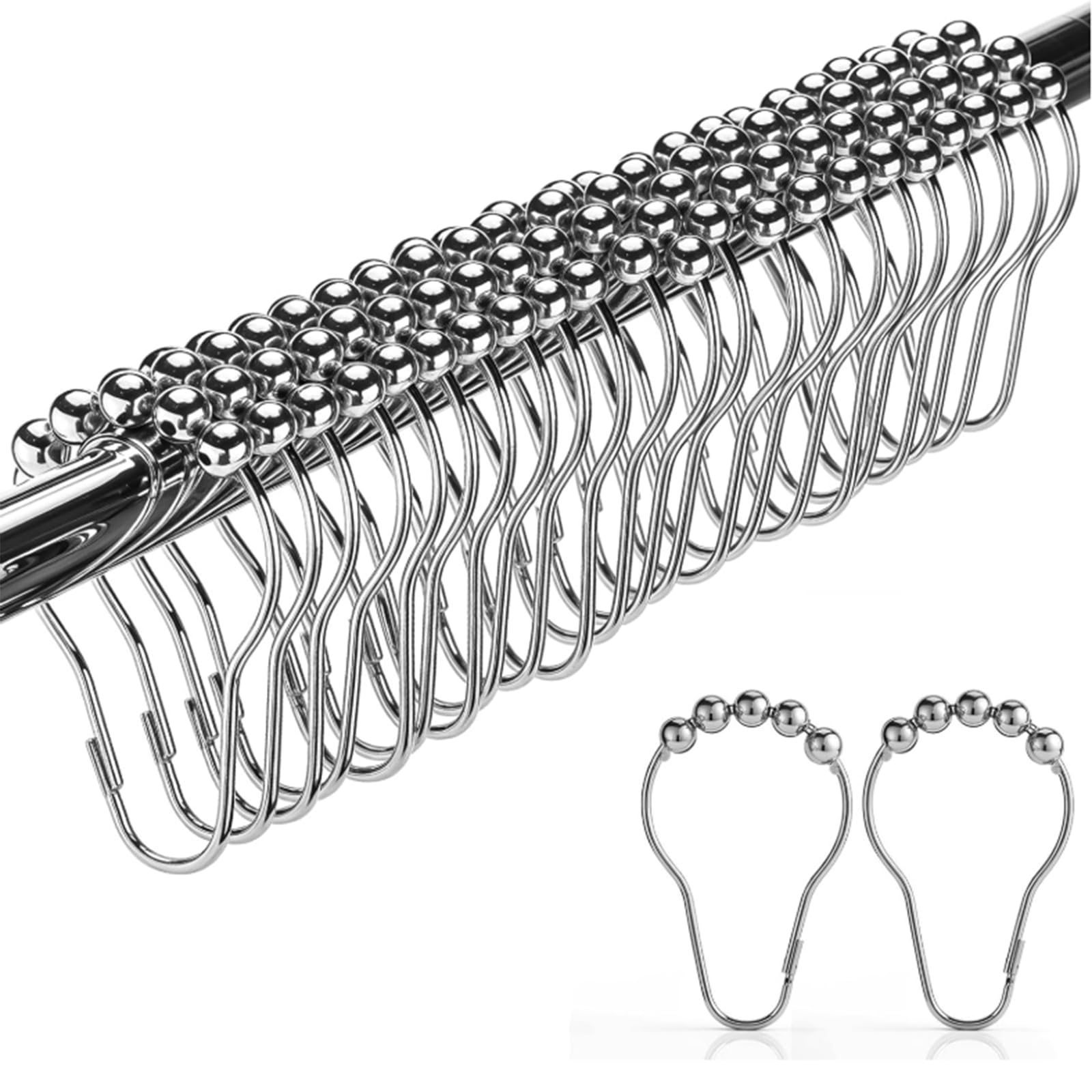 24 Pack Stainless Steel Shower Curtain Hooks,Shower Curtain Rings with Roller Balls, Smooth Sliding Bath Curtain Rings for Curtain Rods, Rolling Silver Hooks for Bathroom Shower