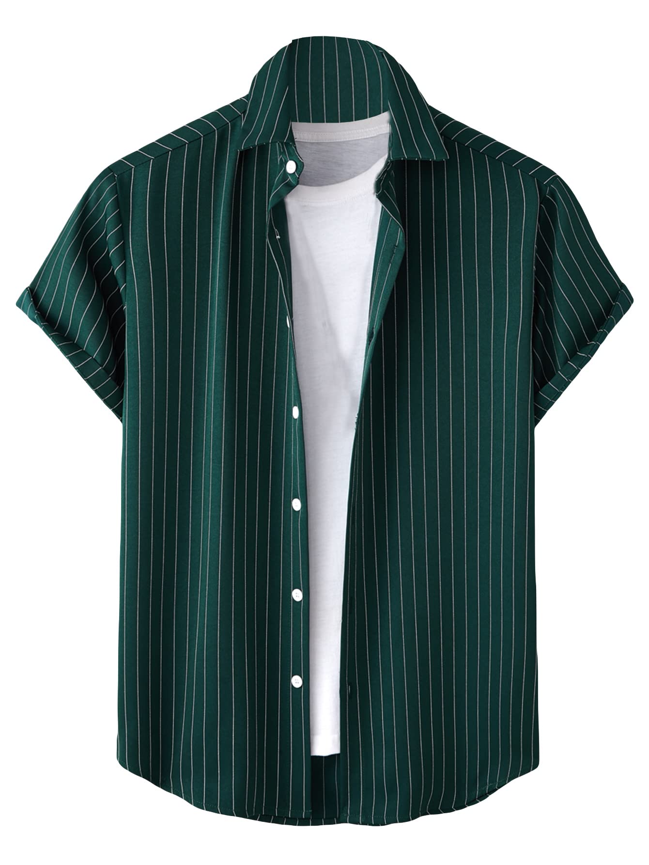 GORGLITTERMen's Striped Print Button Down Blouse Tops Business Short Sleeve Collar Shirts