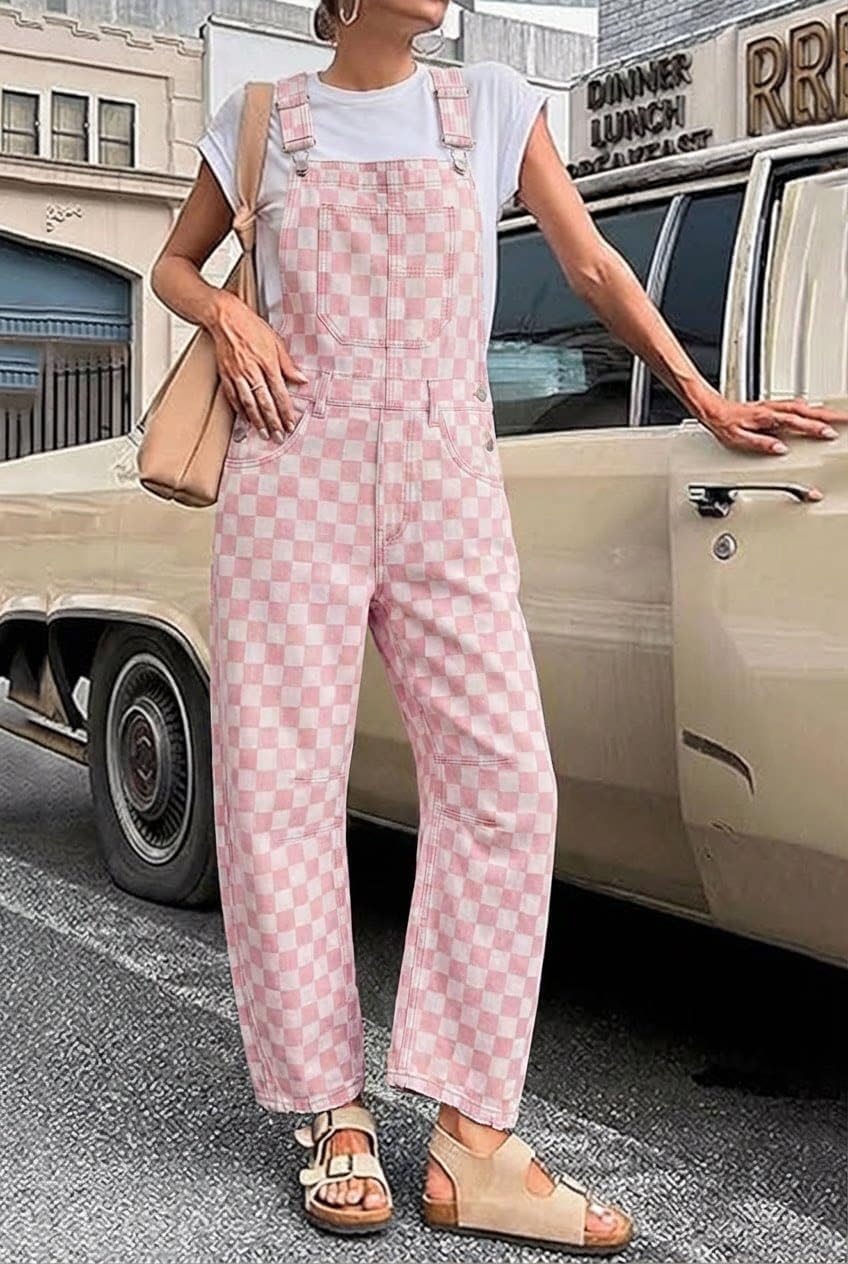 utcoco Women's Loose Fit Denim Checkered Coveralls Adjustable Strap Checkerboard Jumpsuits