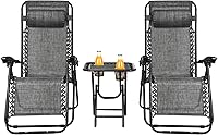Vista 10 de HAPPYGRILL Juego de sillas de salón Zero Gravity con mesa auxiliar, sillas reclinables plegables con mesa auxiliar y almohada, juego de 3 piezas