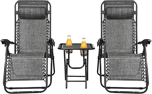 Miniatura 1 de HAPPYGRILL Juego de sillas de salón Zero Gravity con mesa auxiliar, sillas reclinables plegables con mesa auxiliar y almohada, juego de 3 piezas