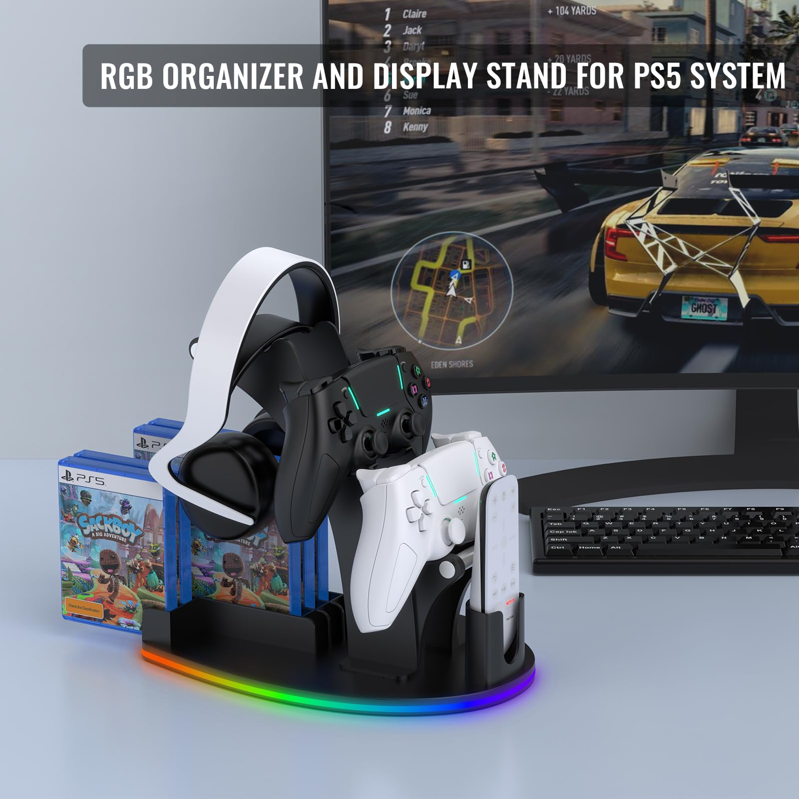 Supporto per controller di gioco RGB per controller Steam 2/PS5/Xbox/Switch, supporto per cuffie con 5 modalità di illuminazione RGB, organizer per giochi e archiviazione con ricarica USB e