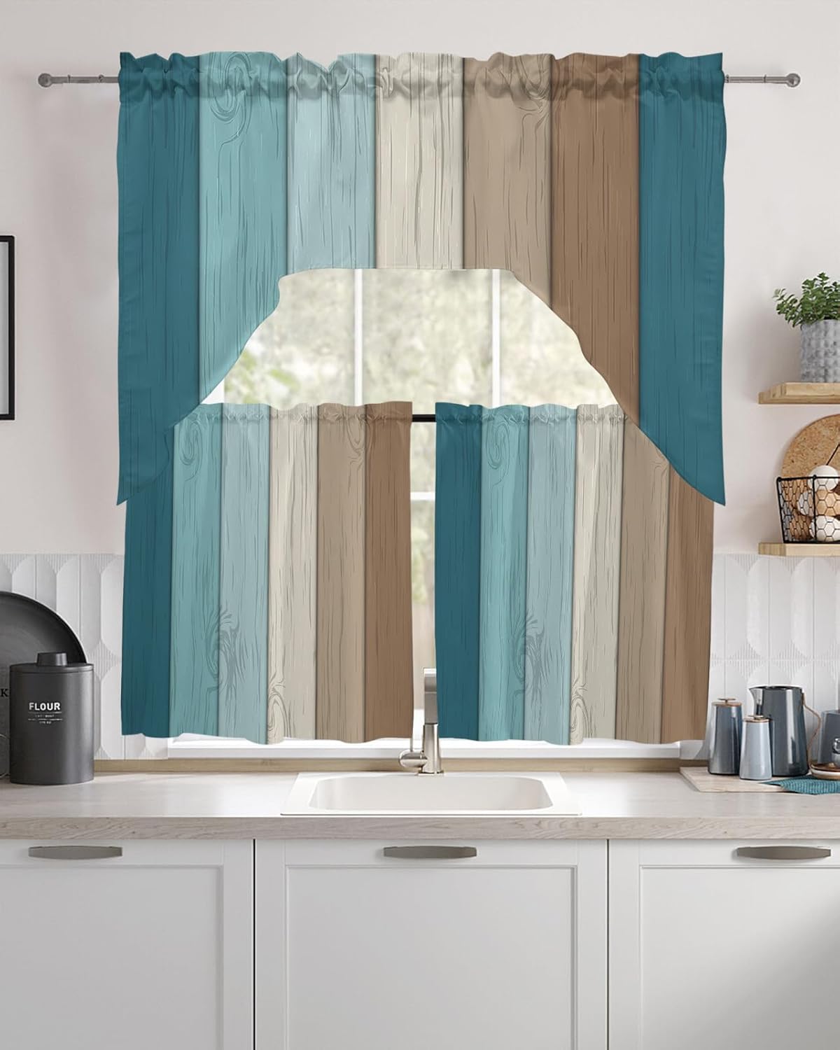 Retro Teal Brown Swag Kitchen Curtain Sets with Valance,3