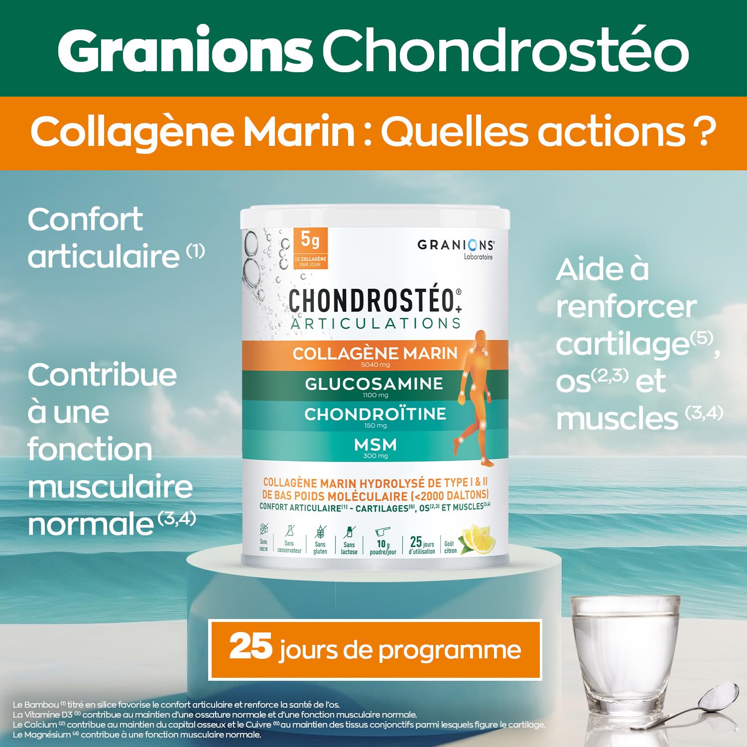 GRANIONS - Collagene Marin Poudre - CHONDROSTEO + Articulations - glucosamine chondroitine msm - collagene articulations - Glucosamine Chondroitine - msm - Goût citron - 250 g