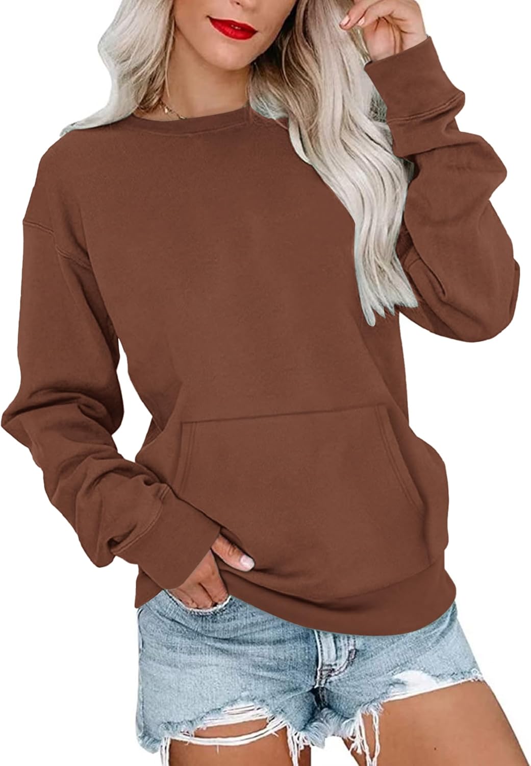 MISFAY Womens Oversized Sweatshirt Casual Long Sleeve Crewneck Hoodie Solid Pullover Lightweight Loose Tops with Pocket
