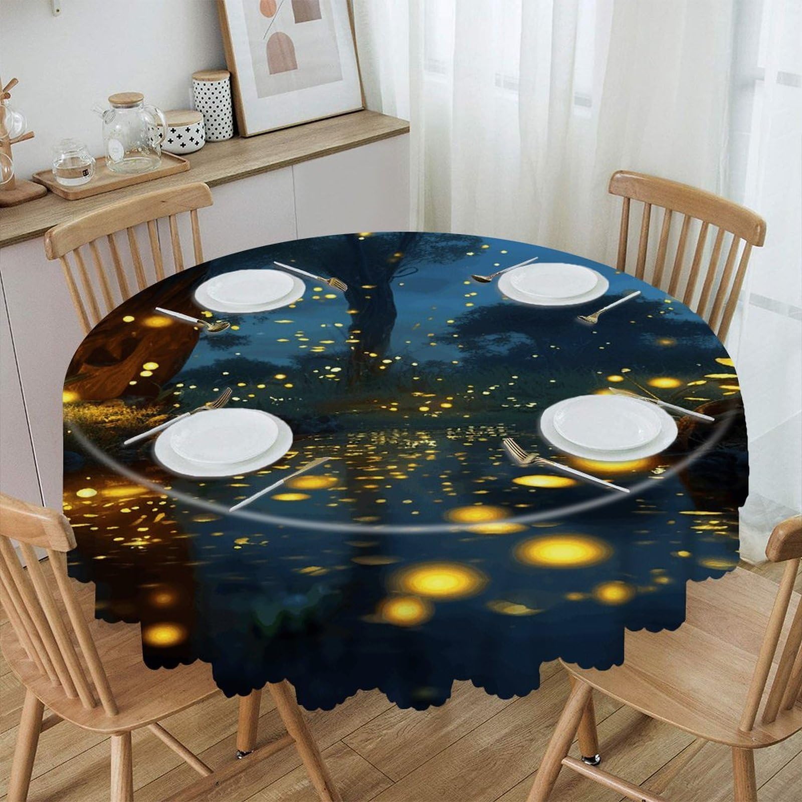 VstaDank Fireflies Round Tablecloth Premium Polyester Table Cloth Heavy Duty Washable Fabric Tablecloth Waterproof Holiday Table Cover Decorative Tablecloths for Dining 60"