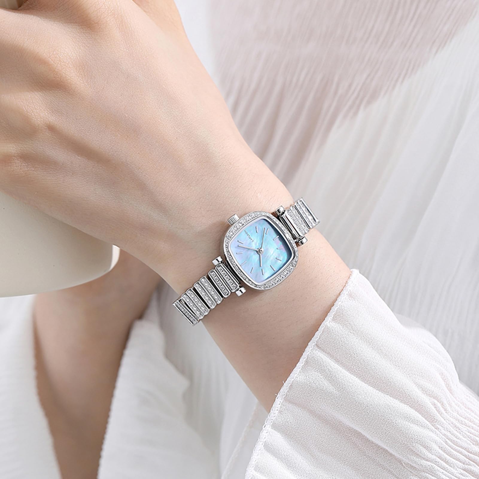 LANZOOM Diamant-Uhren für Damen, Gehäuse und Armband aus 316L-Edelstahl, Damenuhren mit blauem Perlmutt-Zifferblatt, silberfarbene Uhr, luxuriös, modisch, lässig, silber/blue