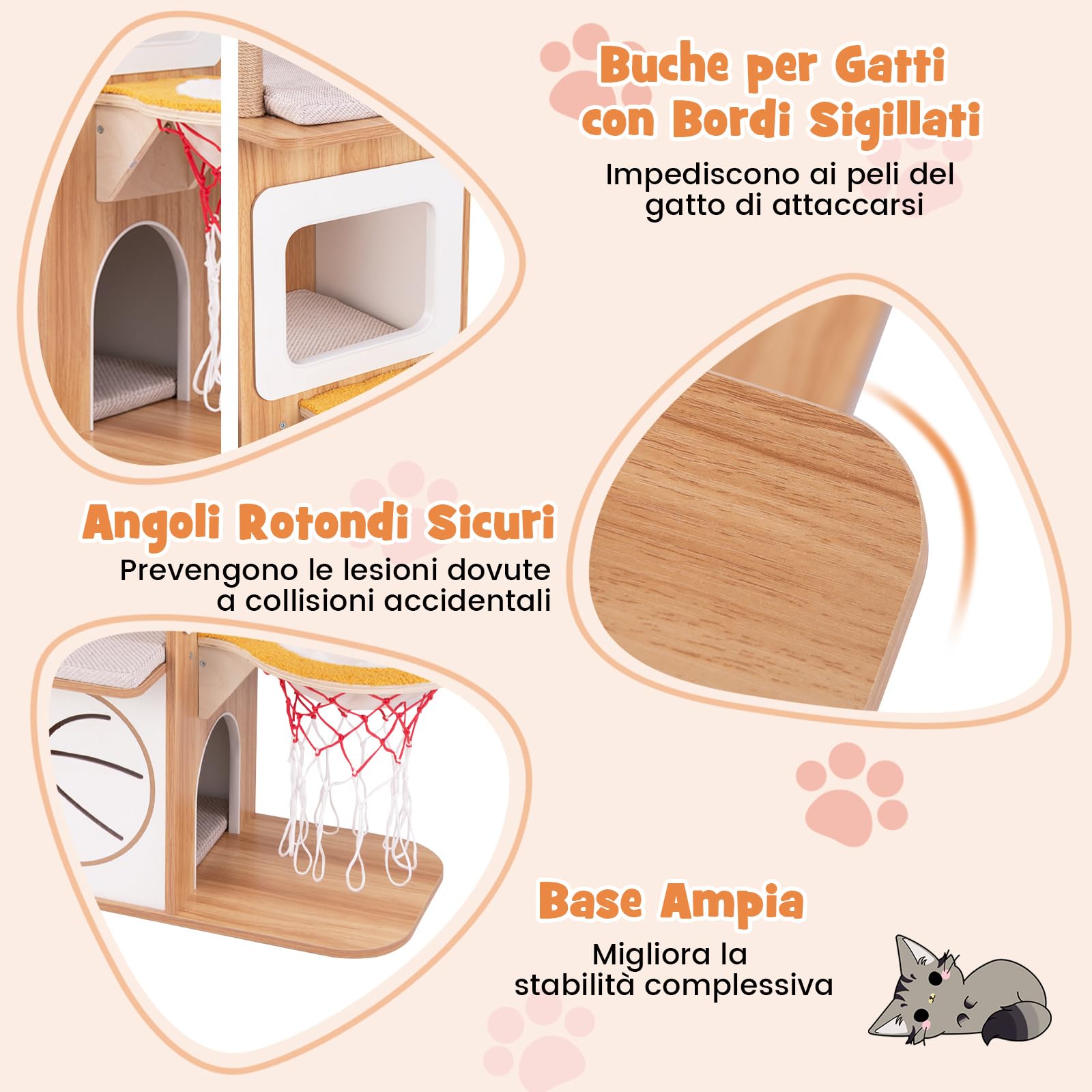 COSTWAY Tiragraffi in Legno 120cm, Torre con Graffiare in Sisal per Gatti a Tema Sportivo con 2 Piani, 2 Posatoi, Amaca e Cuscini Imbottiti, Mobile per Animali Domestici, Naturale