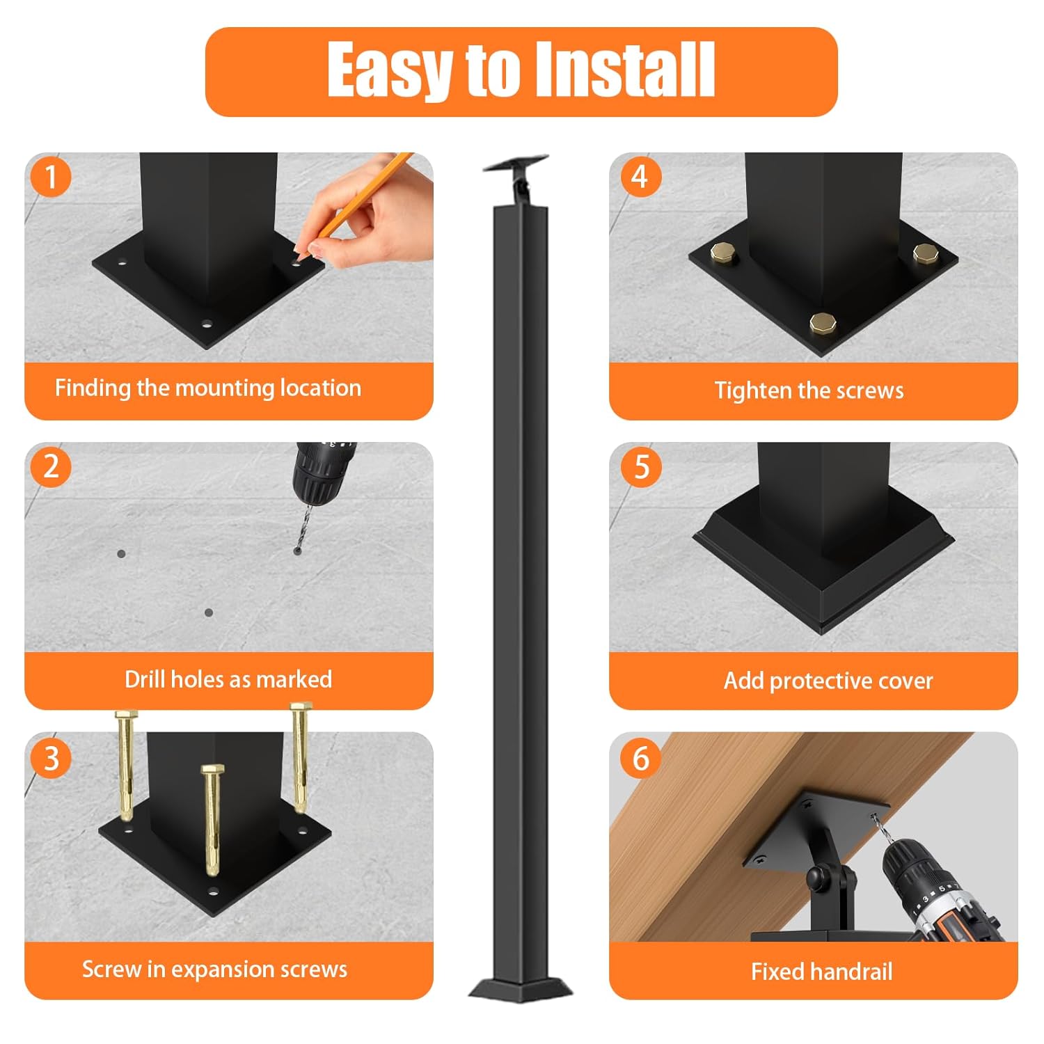 34/36/38/40/42in Front/Side Mount Stair Posts, Black/White Indoor Outdoor 270°Adjustable Metal Baluster Post, Staircase Balusters with Screws Kit for Deck, Balcony and Porch
