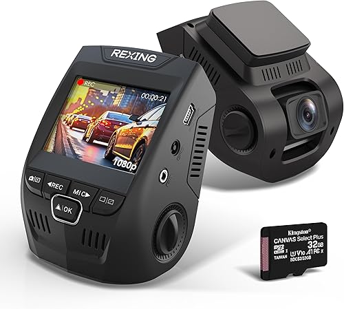 RexingUSA Cámara de tablero de 1080p con tarjeta de 32 GB, grabadora FHD, ángulo de 170, visión nocturna, sensor G, modo de estacionamiento,