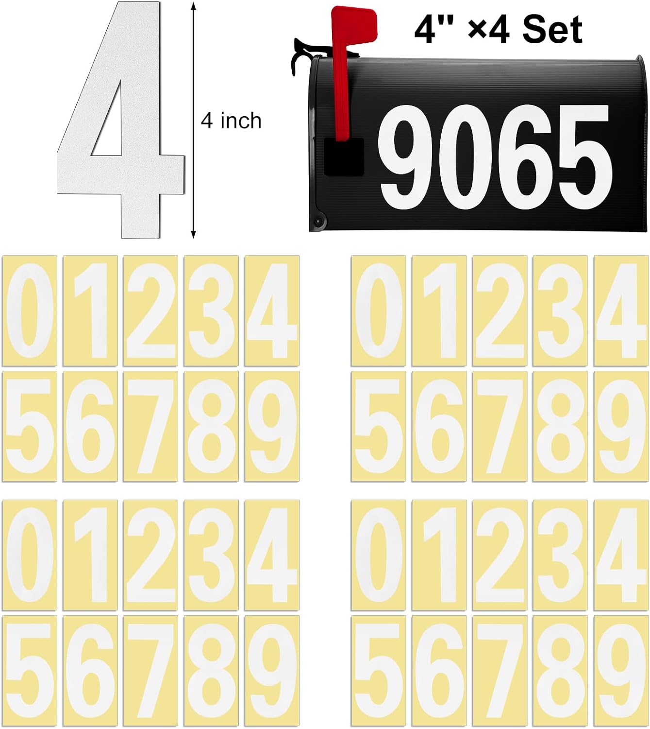 Reflective Mailbox Number for Outside, 4 Inch 4 Sets Vinyl Waterproof White Mailbox Numbers Stickers, Strong Self-adhesive House Adress Numbers for Mailbox Door Signs Trucks (Number 0-9)