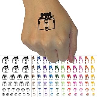 Cat Reading Book Temporary Tattoo Water Resistant Fake Body Art Set Collection - Brown (One Sheet)