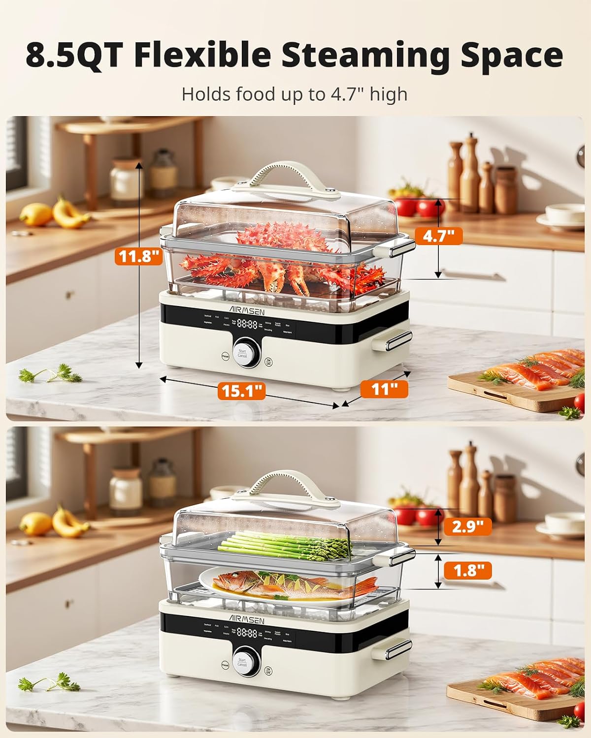 AIRMSEN Glass Food Steamer for Cooking | 8.5QT 2-Tier & External Water Tank
