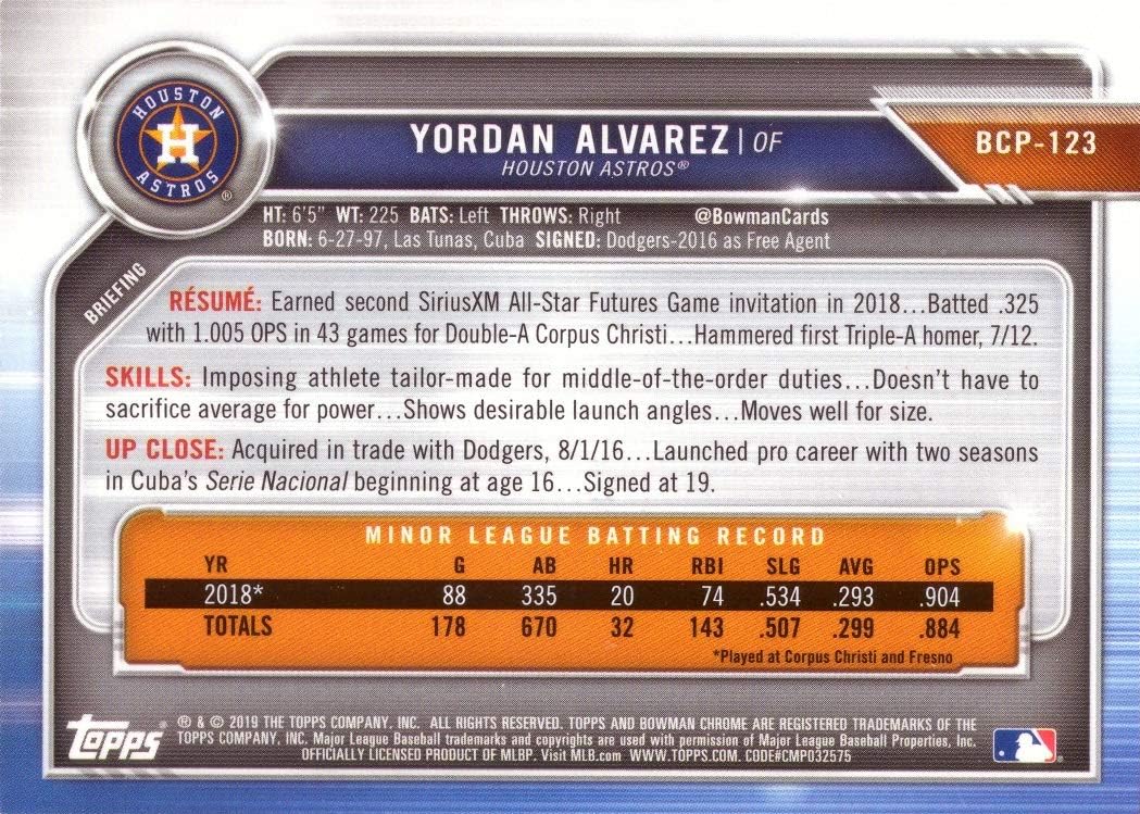 2019 Bowman Chrome Prospects Atomic Refractor #BCP-123 Yordan Alvarez Pre-Rookie Baseball Card