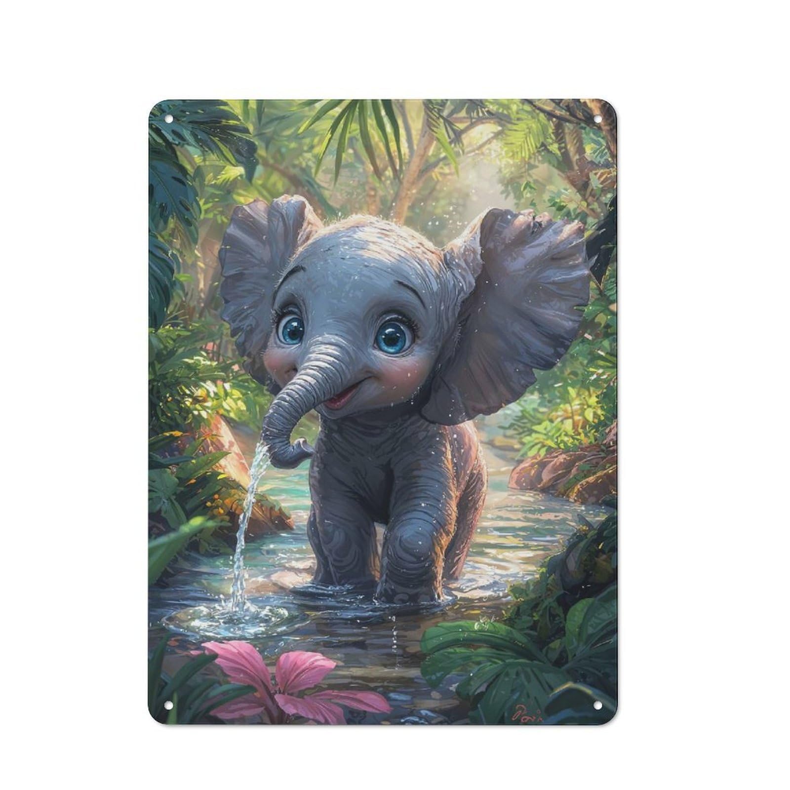 Junmoney Style-18 Metal Plaque 40X30cm With Cute Elephant In Jungle Stream For Pub Or Café, Vintage Decor, For Vintage Wall Decor Fans, For Metal Sign Collectors