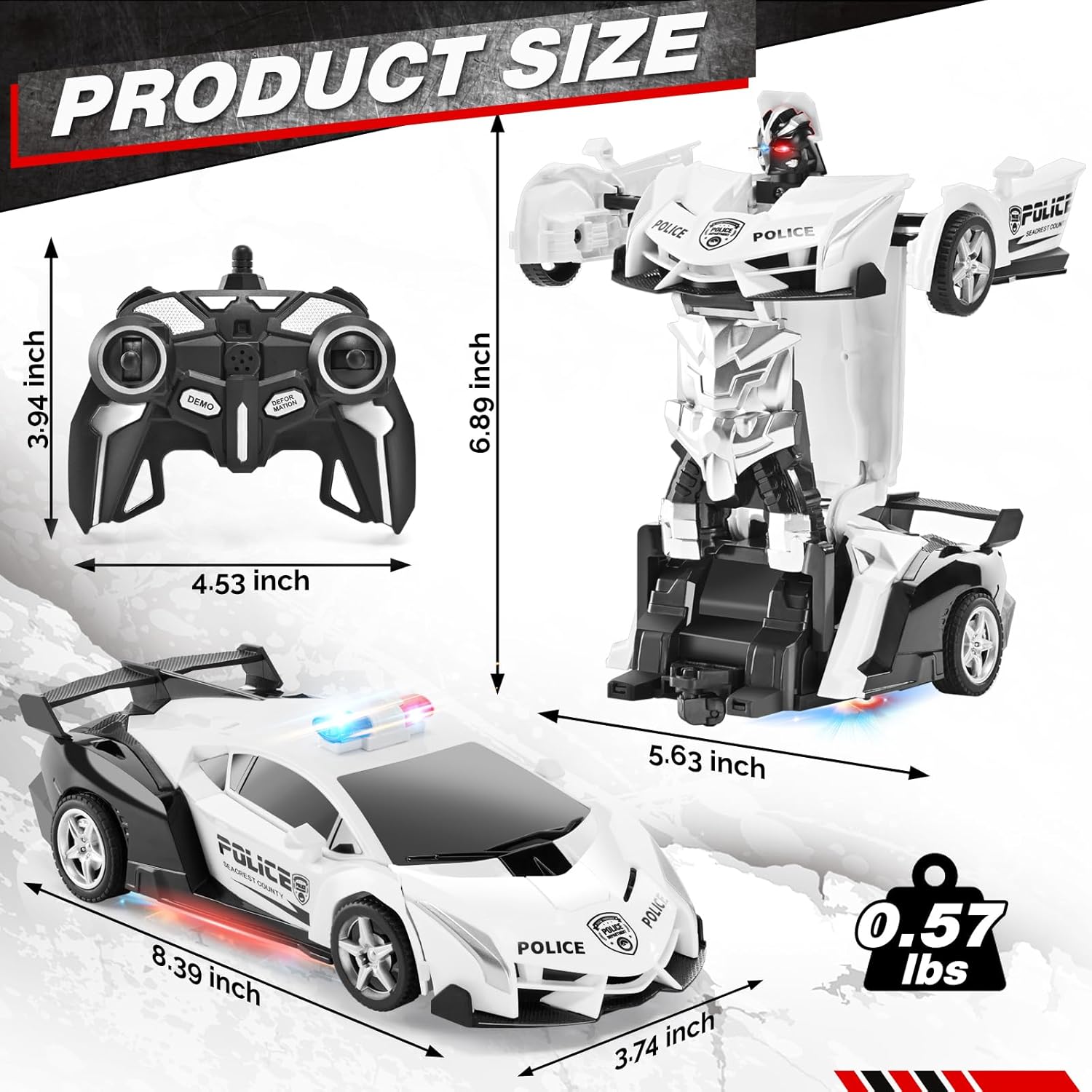 2.4G Remote Control Transformer Car, Rechargeable RC Police Car Toy with Flashing Lights, Convertible Robot & Vehicle, Gift for Kids,Police Transformer Cars for Boys 4-6 7 8-12 (Black/White) - Image 2