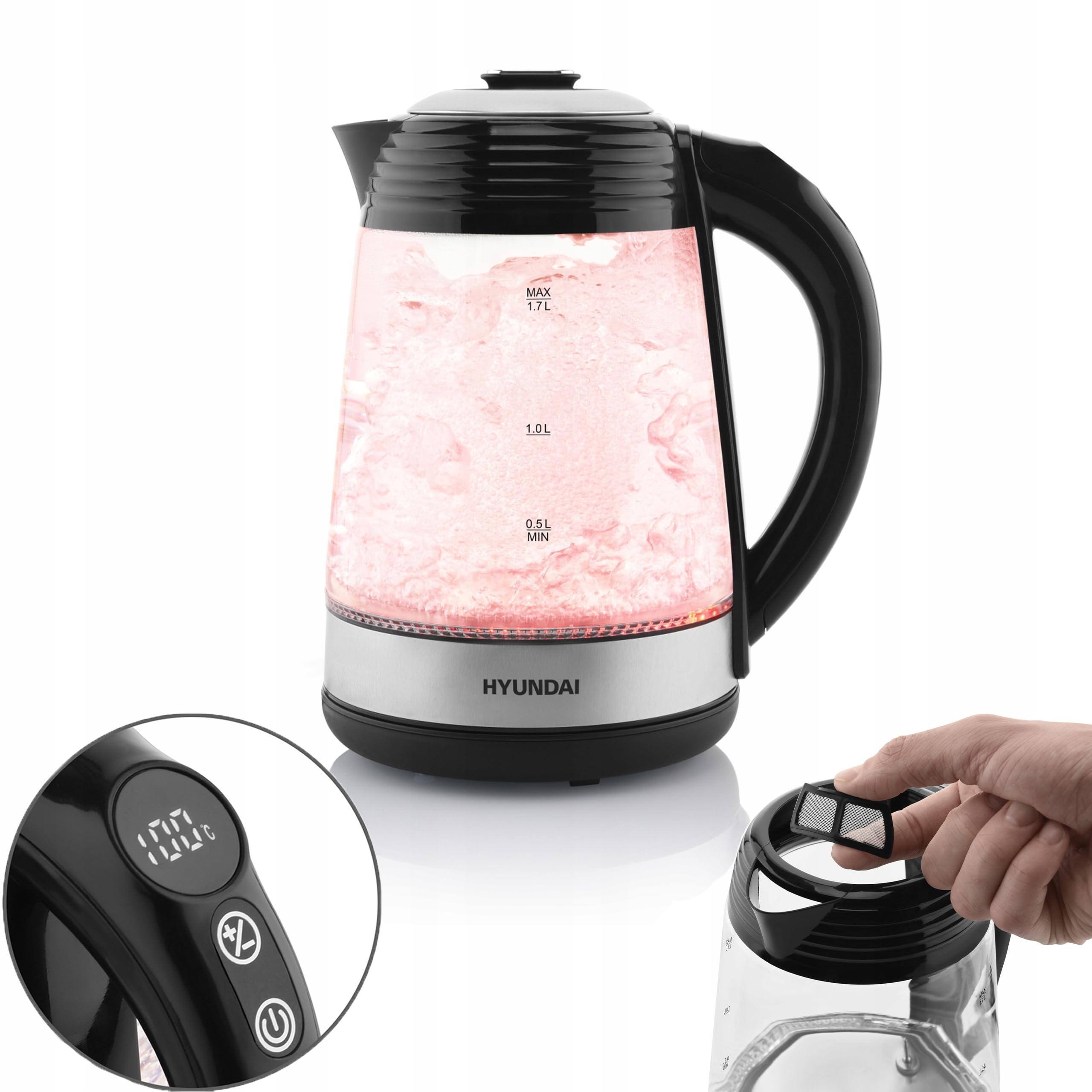 HYUNDAI VK 780 - Hervidor de agua de cristal con 7 ajustes de temperatura, 40-100 °C, iluminación LED, función de mantenimiento del calor, 1,7 litros, 2200 W
