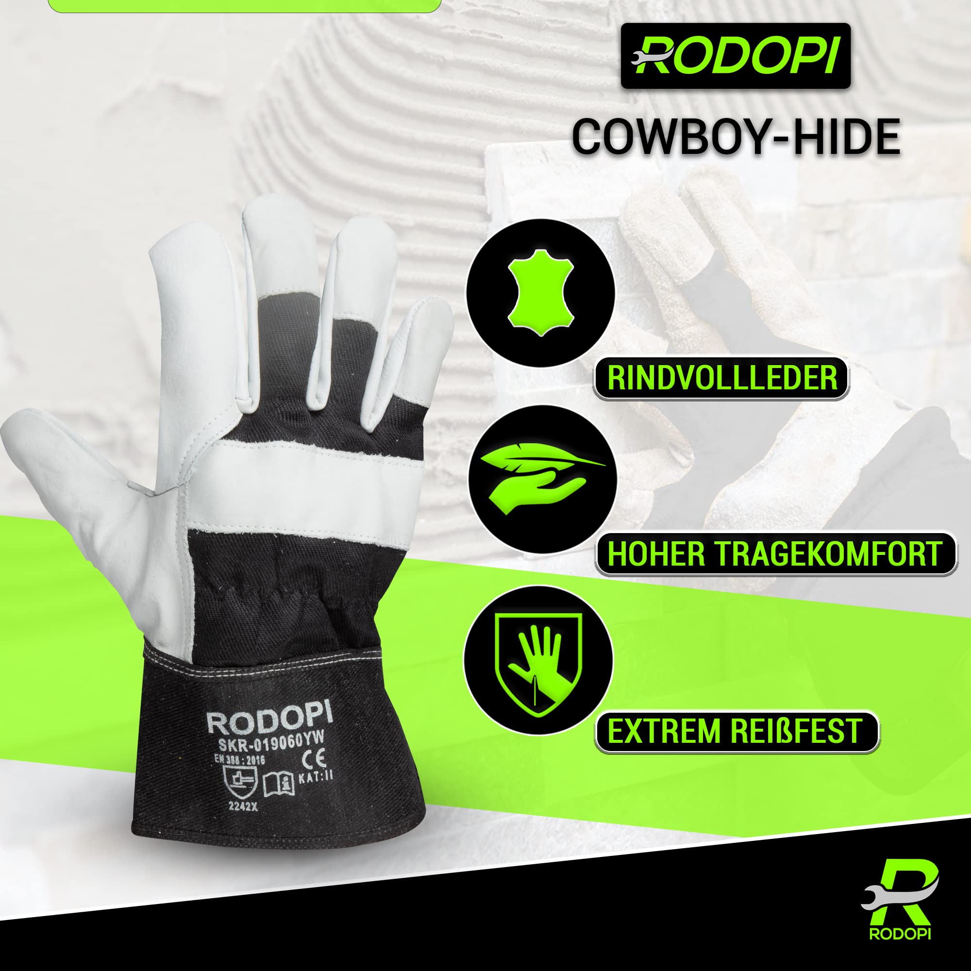 RODOPI Cowboy-Hide Arbeitshandschuhe Leder für Herren und Damen Bauhandschuhe Gr.8-11 Rindvollleder Gartenhandschuhe dornenfest EN 388:2016 Schutzhandschuhe (25 Paar, 10)