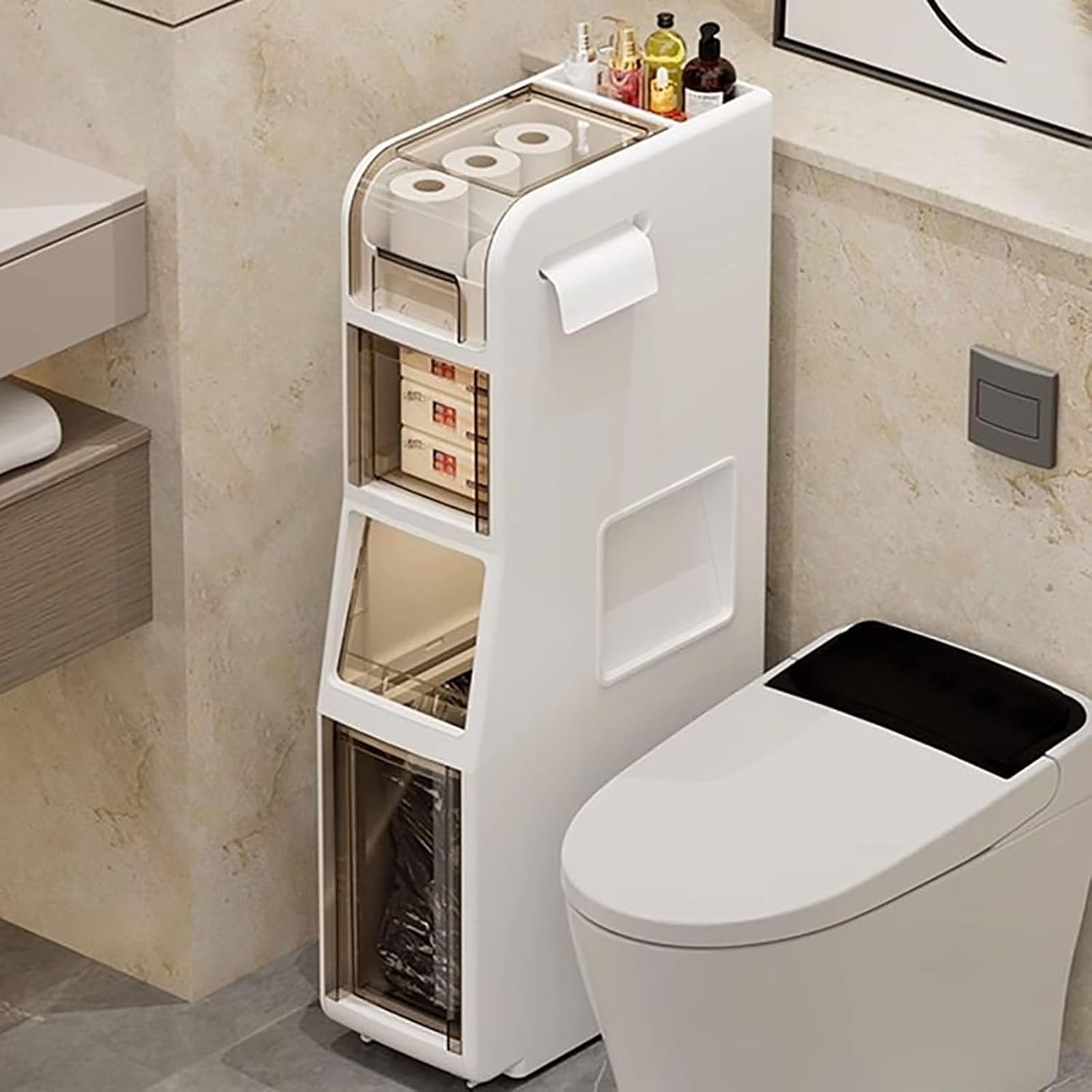 4-Tiers Bathroom Storage Cabinet, Slim Bathroom Cabinet with Side Toilet Paper Opening, Bottom Trash Bin with Rebound Door, Plastic Narrow Storage Stand with Drawers for Small Space