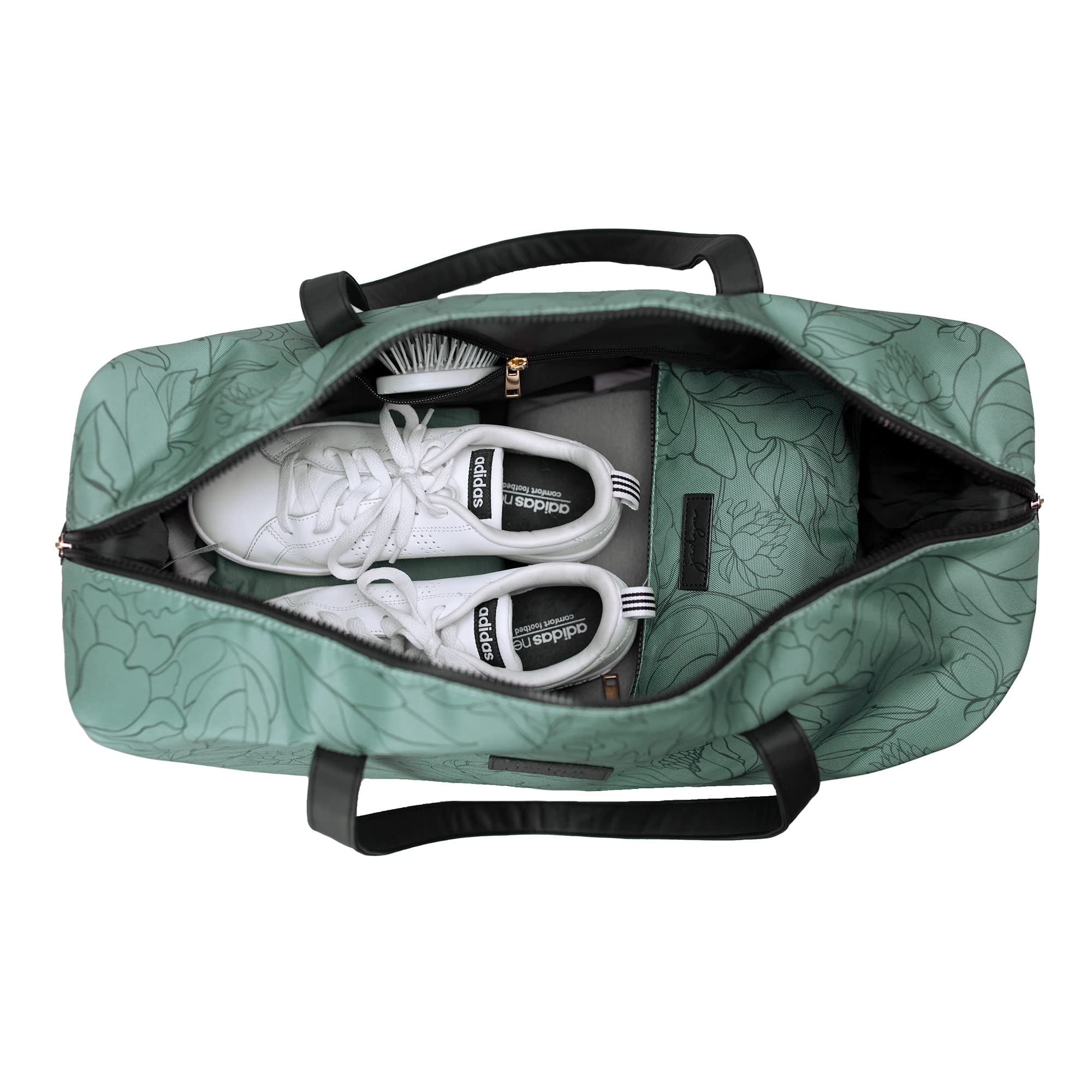 Jadyn B Luna Duffel torba podróżna lub sportowa, 54 cm - 37 l, w zestawie kosmetyczka na zamek błyskawiczny, Flora szałwii, Miękka torba sportowa z wegańskimi skórzanymi akcentami