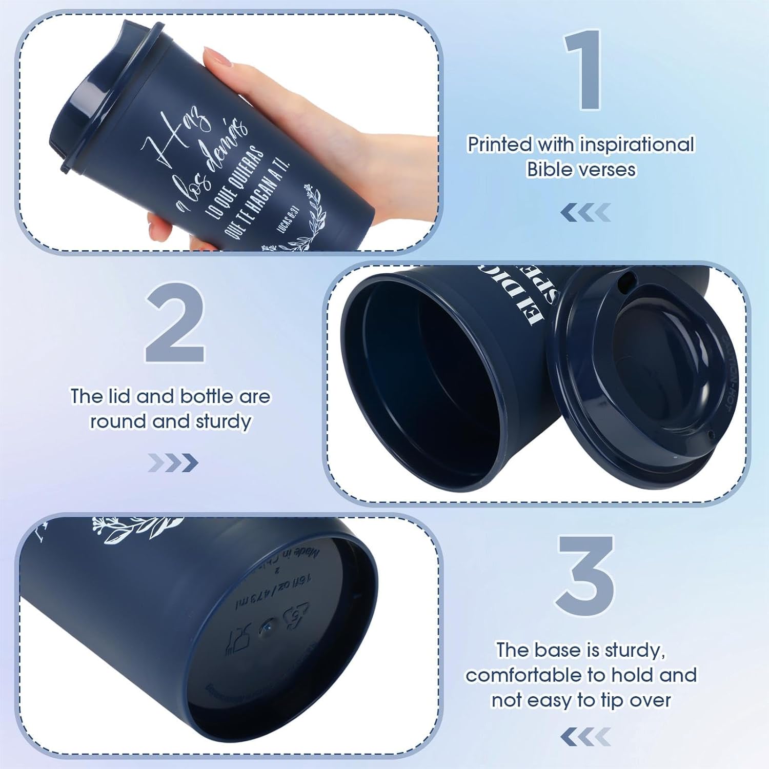 Zhehao Spanish Bible Verse Tumblers Bulk, 16 oz Reusable Christian Cups with Lids, Plastic Coffee Cups for Church Events, Bible Study, Sunday School, Teacher Appreciation(Midnight Blue,48)