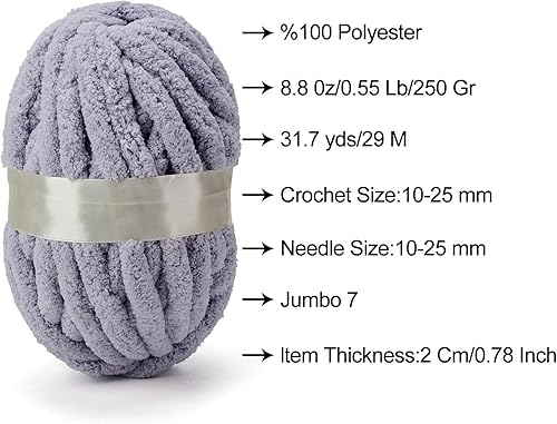 Miniatura 3 de ERLYEEN Hilo grueso de chenilla súper voluminoso, suave, grueso, esponjoso, gigante, lavable, de poliéster grande, para bricolaje, manta de punto,