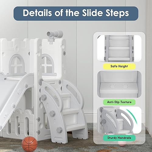 Miniatura 4 de Tobogán para niños pequeños 6 en 1, juego de juegos para niños pequeños para interiores y exteriores, tobogán para bebés con aro de baloncesto