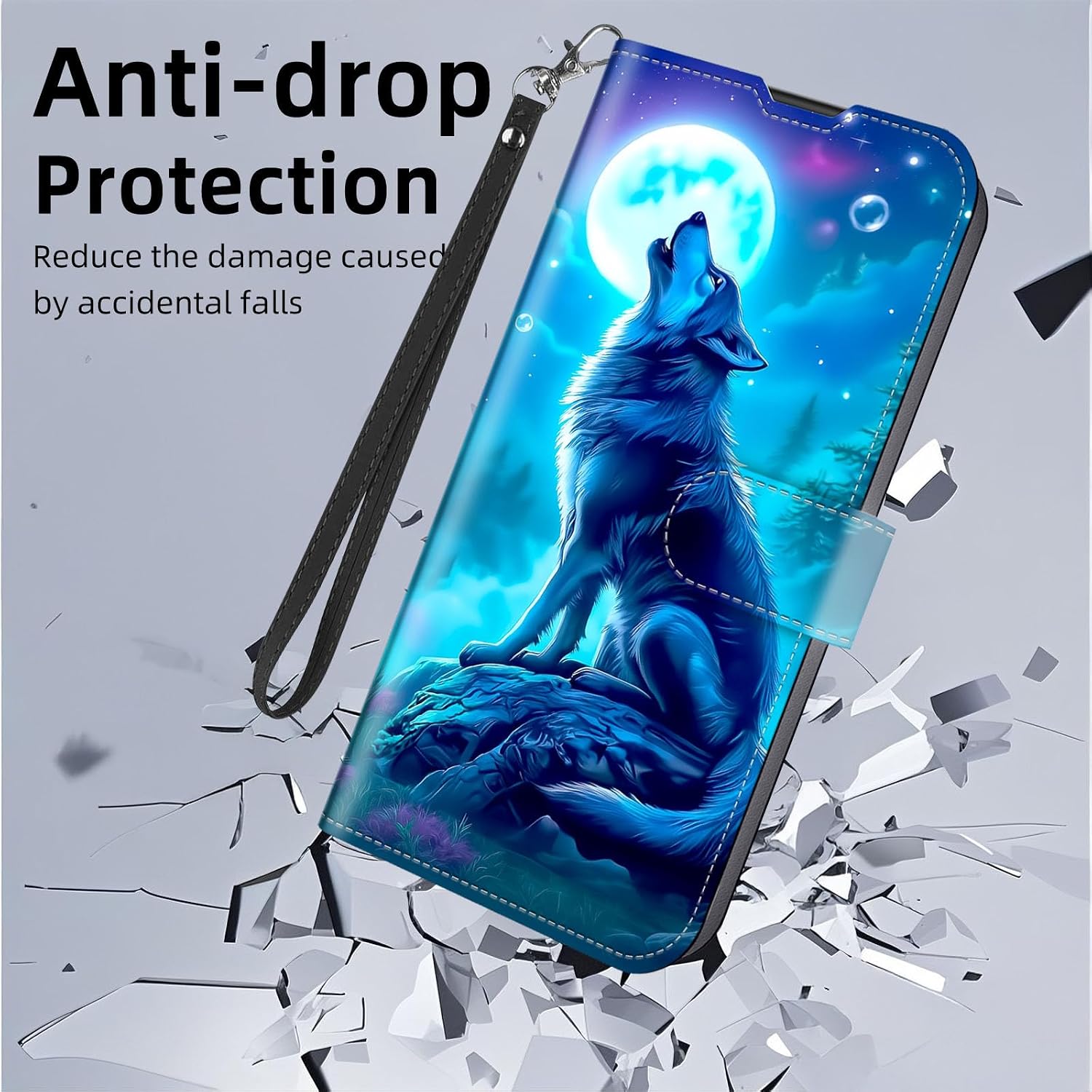 for Samsung Galaxy A16 5G Phone Case Wallet with Card Holder, Wolf Howling at Blue Moon RFID Blocking Leather Flip Cover Kickstand and Magnetic Snap