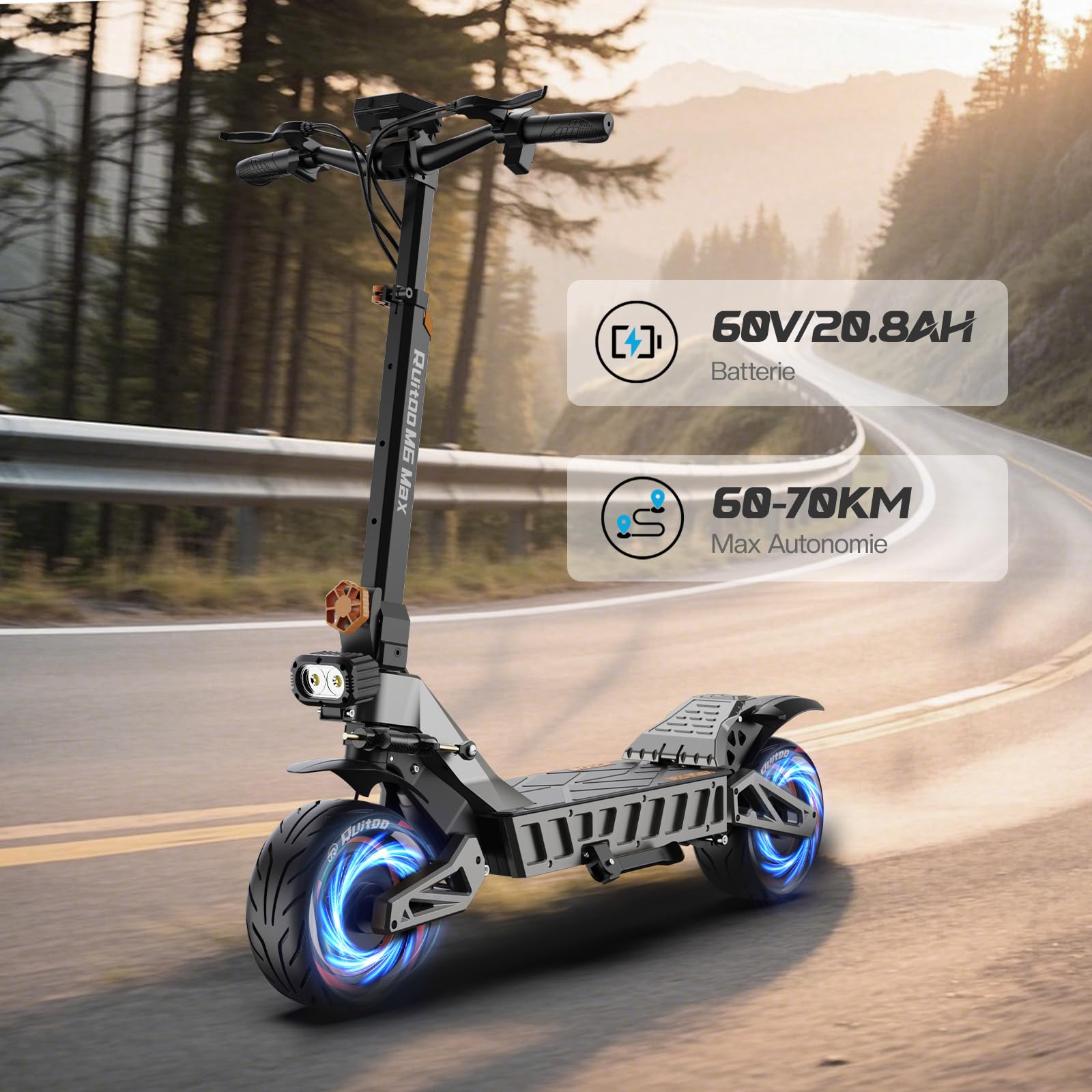 Trottinette Électrique Adulte, Scooter Électrique Pliable, 2 Moteurs, Batterie 60V 20.8Ah, Autonomie Max 60-70KM, Pneus Tout-Terrain 11 Pouces, 3 Modes de Vitesse, Affichage Intelligent