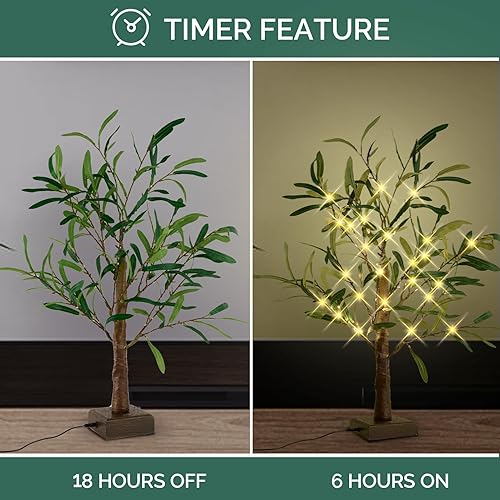 Miniatura 3 de Bexdir Árbol de olivo iluminado con temporizador, luz de árbol bonsái de 24.8 pulgadas, 42 luces LED para árbol bonsái, luz de mesa de árbol
